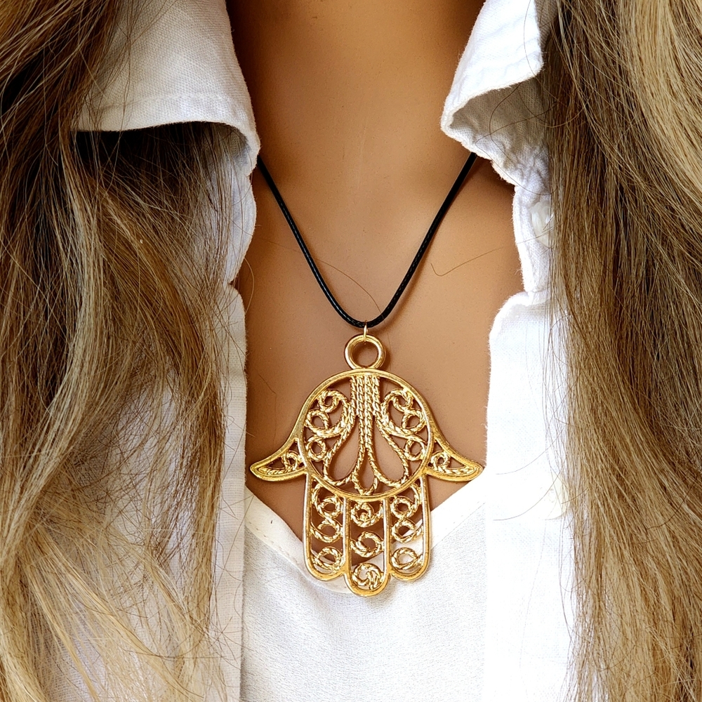 ❤️ Big Hamsa Hand Large Pendant Black Cord Gold Boho Necklace